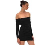 BKEPDY Vestidos de Fiesta para Mujer Vestidos con Hombros Descubiertos Elegante Bodycon Manga Larga Otoño Invierno Sexy Vestido Corto a La Cadera Minivestidos para Fiesta Cóctel (Negro M)