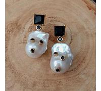 BKGWCSOR Cultured WhiteNucleated Baroque Pearl Black Square Stud Earrings for women