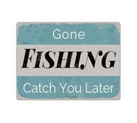 BKGWCSOR Funny Angler Gift Grey and Blue Tin Sign Gone Fishing Vintage Metal Decor Catch You Later for Kitchen Office Bar 8 X 12 inch