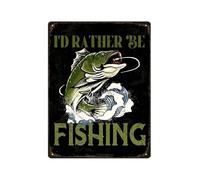 BKGWCSOR Retro Fishing Lodge Decor Metal Tin Sign Id Rather Be Fishing in Black Green Vintage Wall-Art for Bar Home Office 8 X 12 inch