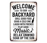 BKGWCSOR Welcome to Our Backyard Paradise Metal Sign Outdoor Living Wall Decor for Garden Gazebo Fire Pit Area Rustic Tin Plate 8 X 12 inch