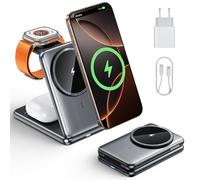BKXCHA Cargador Inalambrico 3 en 1, Plegable Estacion de Carga Apple, Base Cargador iPhone para iPhone 16/15/14/13/12, Apple Watch 10/9/Ultra/SE/8/7/6/5/4, para AirPods 4/2/3/Pro(con Adapter)