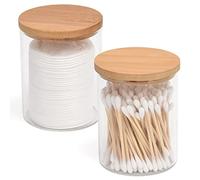 BKYFPQ Paquete de 2 tarros de cristal para dispensador de vidrio con tapas de bambú, almohadilla de bola de algodón, soporte redondo para accesorios de baño, organizador de almacenamiento, decoración