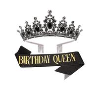 (Black)1 Set Etiquette Belt Set Letter Printed Long Ribbon Rhinestone Inlay Queen Crown Two-piece Set