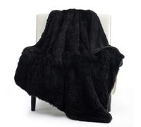 (Black,130*160cm/51.18*62.99in)Manta de piel sintética de gran tamaño súper suave acogedora manta de lujo mullida tiro blanco