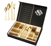 Black and Gold Silverware Set, 24 Piece Knife Fork Spoon Dinnerware Tableware Kit for 6, Dishwasher-Safe, for Home, Wedding, Restaurant (gold)
