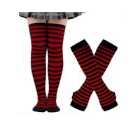 (Black and red bars) Womens Long Socks Striped Arm Warmer Fingerless Gloves Set For Cosplay Party/YY