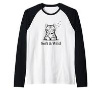 Black and White Cat with Dandelion Breeze Hand Drawn Minimal Camiseta Manga Raglan