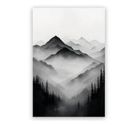 Black and White Mountain Canvas Art, Layered Landscape Watercolor Painting Print, Morning Fog Atmosphere, Modern Nature Wall Decor for Living Room, Home Office(Unframed,16x24inch(40x60cm))