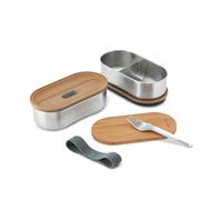 BLACK + BLUM Bento Box - Lonchera apilable de acero inoxidable con tapa de bambú a prueba de fugas, ligera, multiusos, tenedor incluido, apto para lavavajillas y congelador, pizarra, 2 x 500 ml