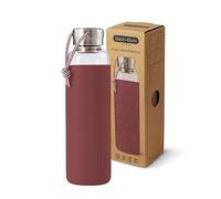 Black+Blum Botella de Agua de Viaje Ligera a Prueba de Fugas de Vidrio con Funda Protectora, Color borgoña, 600 ml / 20 onzas líquidas