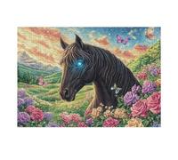 Black Caballo en Campo de Flores River Puzzles 300 Piezas Estera Portátil 3D Antideslizante Rompecabezas Familiar para Adultos Aliviar Estrés Decoración Hogar Moderno Creativo 300 PCS