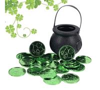 Black Candy, Decorative St Patricks Day Candy Jar Ornament with 50 Shamrock Coins, St Patricks Day Decoration with Handle for Treat, Favors