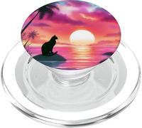 Black Cat Beach Theme Tropical Beachy Pink Sunset Beach Wave PopSockets PopGrip para MagSafe