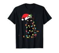 Black Cat Christmas Lights Funny Holiday Santa Kitty Lover Camiseta