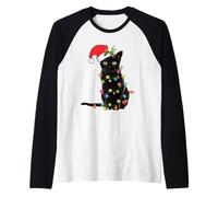 Black Cat Christmas Lights Funny Holiday Santa Kitty Lover Camiseta Manga Raglan