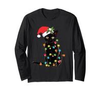 Black Cat Christmas Lights Funny Holiday Santa Kitty Lover Manga Larga