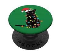 Black Cat Christmas Lights Funny Holiday Santa Kitty Lover PopSockets PopGrip Adhesivo