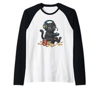 Black Cat - Controlador de Videojuegos, Consola de PC, Nerd Camiseta Manga Raglan