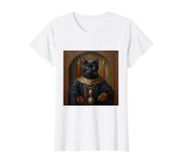Black Cat Divertido Animal Medieval Renacimiento Pintura AL ÓLEO Camiseta gráfica económica, Mujer, Blanco, M