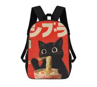 Black Cat Eating Ramen Illustration Mochilas Impresas En 3D Para Niños 17inch Mochilas De Moda Informales Para El Día A Día, Bolsas De Viaje, Mochilas Informales Para Exteriores Para Niños Y Niñas