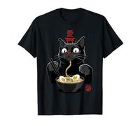 Black Cat Eating Ramen Noodles Japan Kanji Love Anime Design Camiseta