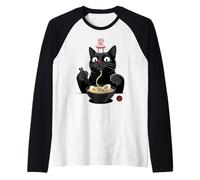 Black Cat Eating Ramen Noodles Japan Kanji Love Anime Design Camiseta Manga Raglan
