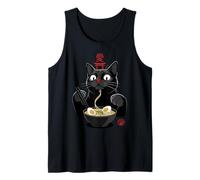 Black Cat Eating Ramen Noodles Japan Kanji Love Anime Design Camiseta sin Mangas