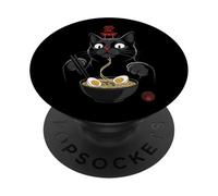 Black Cat Eating Ramen Noodles Japan Kanji Love Anime Design PopSockets PopGrip Adhesivo