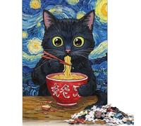 Black Cat Eating Ramen Van Gogh Style Puzzle Imposible,desafío para Adultos Juego Educativo 1000 Piezas Obra De Arte De Juego De para Adultos Y Niños Mayores De 12 Años 500pcs (52x38cm)