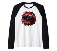 Black Cat For Kitten Mom and Xmas Poinsettia Christmas Camiseta Manga Raglan