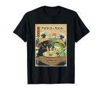 Black Cat Frog Eating Ramen Noodles Graphic Camiseta