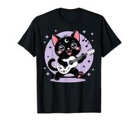 Black Cat Guitar Rock Kawaii Goth Girl Ropa Rosa Gótica Camiseta