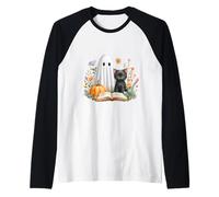 Black Cat Halloween Shirt Book Lover Halloween Ghost Camiseta Manga Raglan