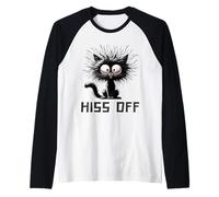 Black Cat Hiss Off Meow Cat Funny Cat Lover para Hombres y Mujeres Camiseta Manga Raglan