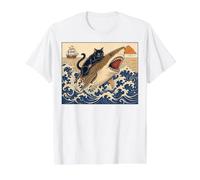 Black Cat Hunting Shark Ukiyo-e Ocean Art Japanese Style Camiseta gráfica económica, Hombre, Blanco, M
