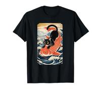 Black Cat Koi Japanese Ukiyoe Art Sakura Waves Zen Camiseta