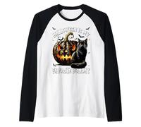 Black Cat Pumpkin and Bats Halloween Is My Favorite Holiday Camiseta Manga Raglan