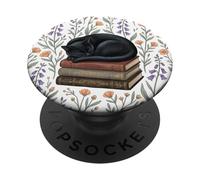 Black Cat Reading Book Lover Librarian Purple Flower Bookish PopSockets PopGrip Adhesivo