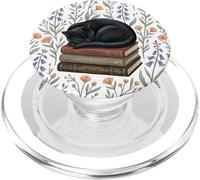 Black Cat Reading Book Lover Librarian Purple Flower Bookish PopSockets PopGrip para MagSafe