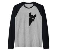Black-Cat Saliendo Divertido Peek a Boo Peeking Pet Camiseta Manga Raglan