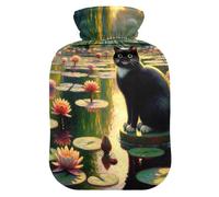 Black Cat Water Lilies - Botella de agua caliente con funda de terciopelo suave, bolsa de agua caliente para calambres menstruales, tamaño mediano