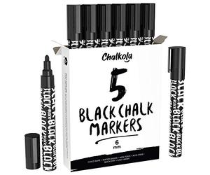 Black Chalk Pens - Liquid Dry Erase Marker Pens for Bistro, Chalkboards Signs, Windows, Blackboard, Glass - 6mm Reversible Tip (Pack of 5)