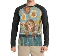 Black Chic Rhesus Mono Macaco Bañera Manga Larga UPF 50+ Cuello Redondo Holgado Cómodo Camisa de Sol para Hombre Larga, Chic Rhesus Monkey Macaque Bañera, Large