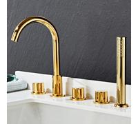 Black d - Mezclador de ducha para baño, cuello de cisne montado en la cubierta, boquilla giratoria con cabezal de ducha y manguera, grifo de baño