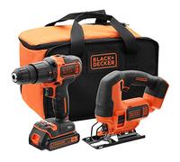 BLACK+DECKER BCK22S1S Taladro Percutor 18V y Sierra de Calar 18V con 1 Batería 1.5Ah Cargador y Bolsa de Transporte