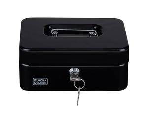 BLACK+DECKER Hucha con llave - Cajón extraíble con 3 compartimentos - Incluye 2 llaves - 20 x 16 x 8,5 cm - Metal - Negro