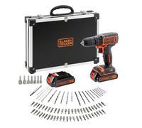 BLACK+DECKER Kit de taladro atornillador sin cable 18 V, BDCDC18BAFC-QW | 2 baterías, cargador rápido, juego de accesorios de 80 piezas y maletín de transporte