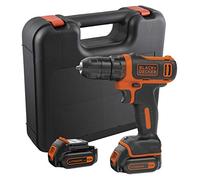 BLACK+DECKER Taladro atornillador 10.8V, batería de litio 1.5Ah, portabrocas 10mm, velocidad 0-550 rpm, luz LED, empuñadura antideslizante, incluye: maletín, cargador y 2 baterías, BDCDD12KB