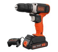 BLACK+DECKER Taladro atornillador sin cable 18 V, BCD001C1-QW | 37 Nm de par, 10 posiciones de embrague, luz LED, batería de 1,5 Ah y cargador